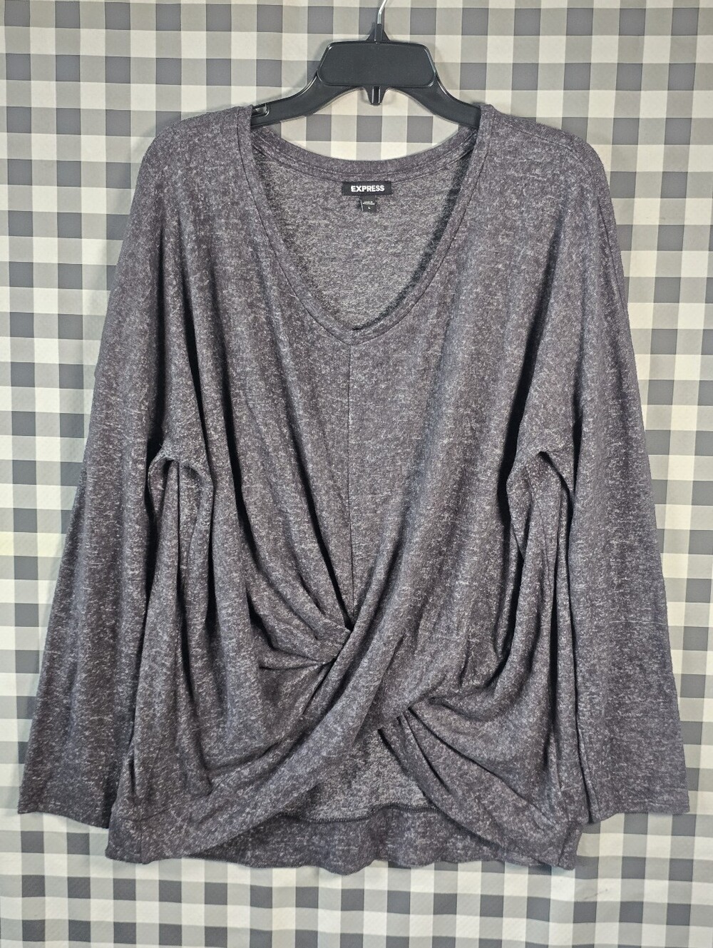 Express Women L Gray Twist Front V-Neck Top Long Sleeve Rayon Stretch Tunic